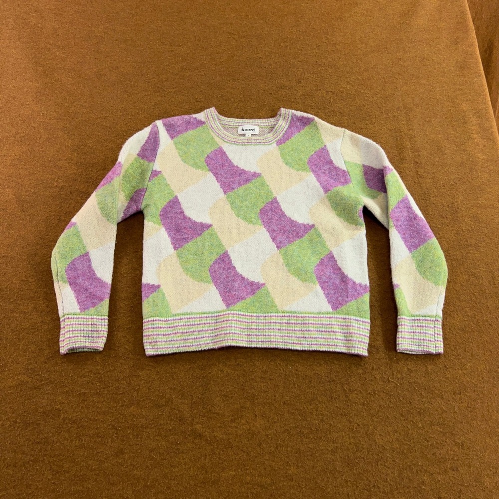 &merci Womens Small Multi Color Geometric Intarsia Knit Crewneck Sweater New